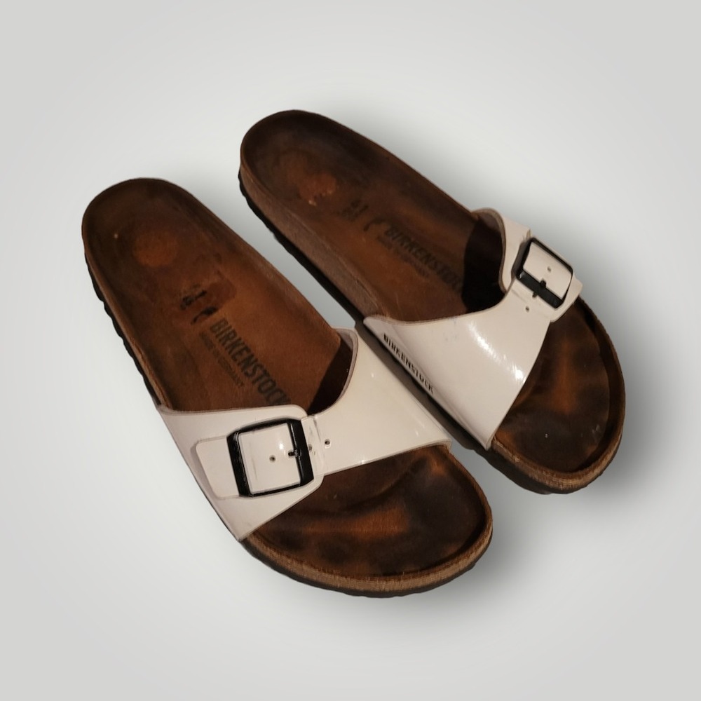 Birkenstock Madrid White Patent Single Strap Slide Sandals Women's 41 EU 10 US